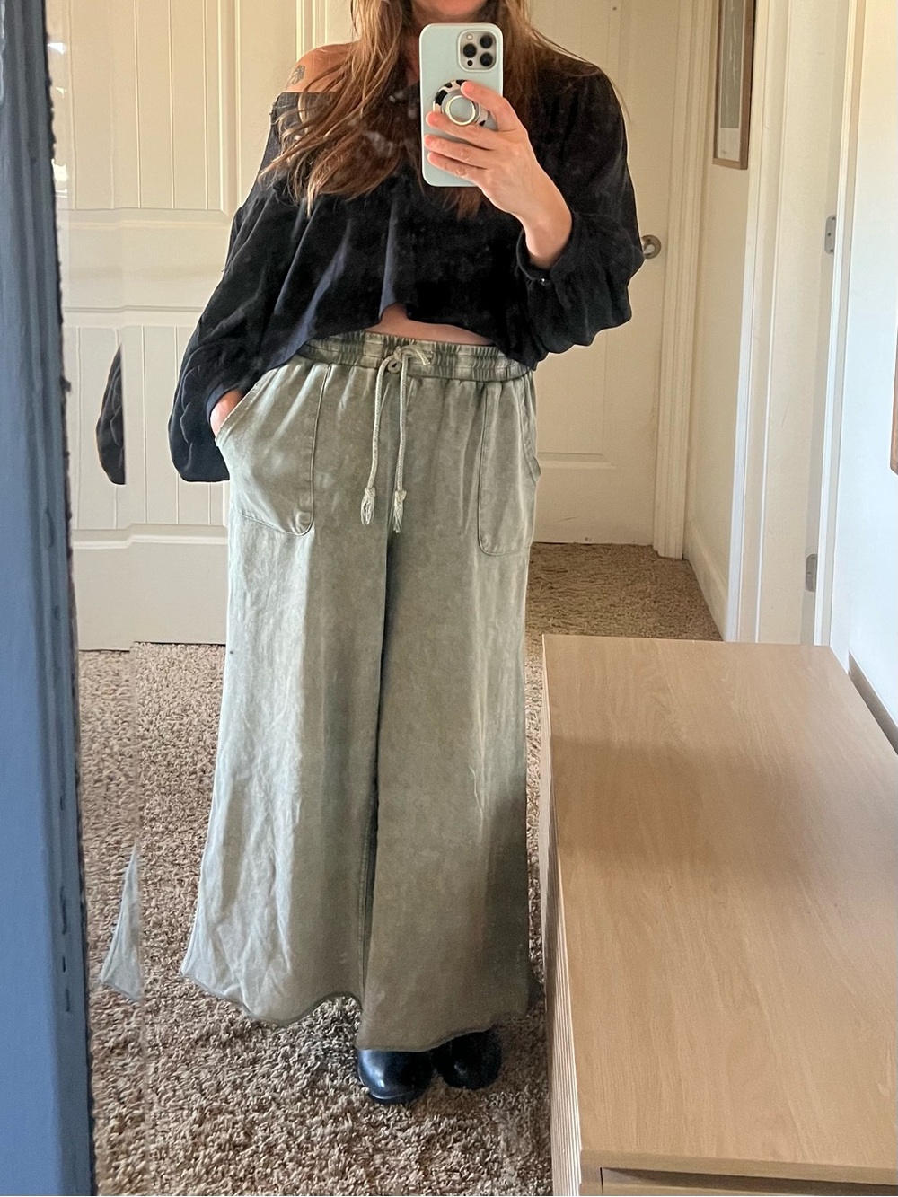 Wide-Leg Drawstring Palazzo Pant in Sage Green Casual Lounge Large